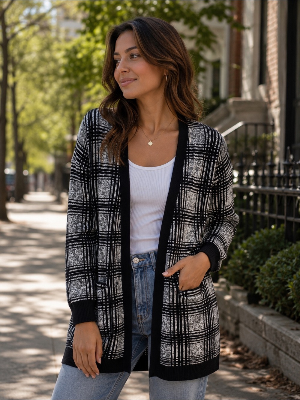360 Cashmere Open front Black Grey Check Cardigan Womens S